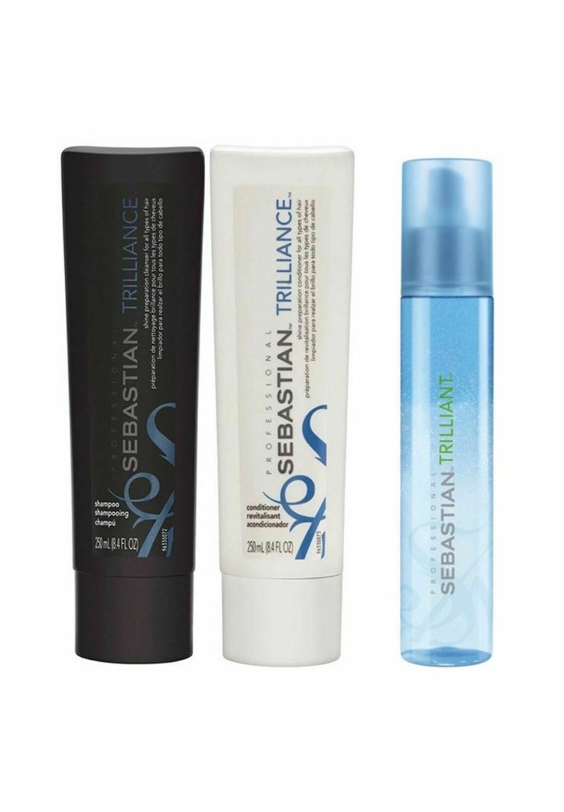 Three hair care products: black shampoo tube, white conditioner tube, and a blue spray bottle, each with clear labeling and distinct shapes.