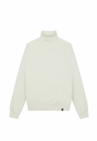 Kremasti pulover s turtleneck iz meke pletene tkanine. Dugi rukavi, rebrasti ovratnik i rub, te mala etiketa s logotipom na donjoj strani.
