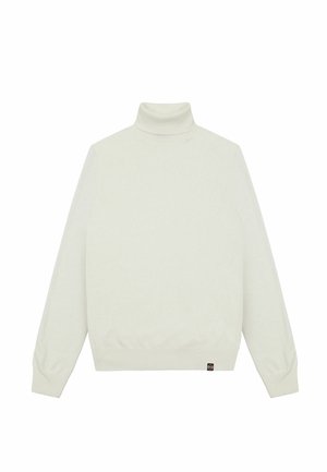 Krēmskrāsas augsto apkakli džemperis, izgatavots no mīksta adīšanas auduma. Garas piedurknes, ribota apkakle un apakšmala, kā arī neliels logo marķējums apakšējā pusē.