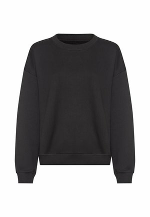 Sort langærmet sweatshirt med rund hals og ribkanter ved ærmer og bund, vist på hvid baggrund.