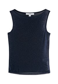 Top sans manches bleu marine au toucher texturé, orné de petites clous décoratifs répartis uniformément. Tissu lisse, coupe régulière.