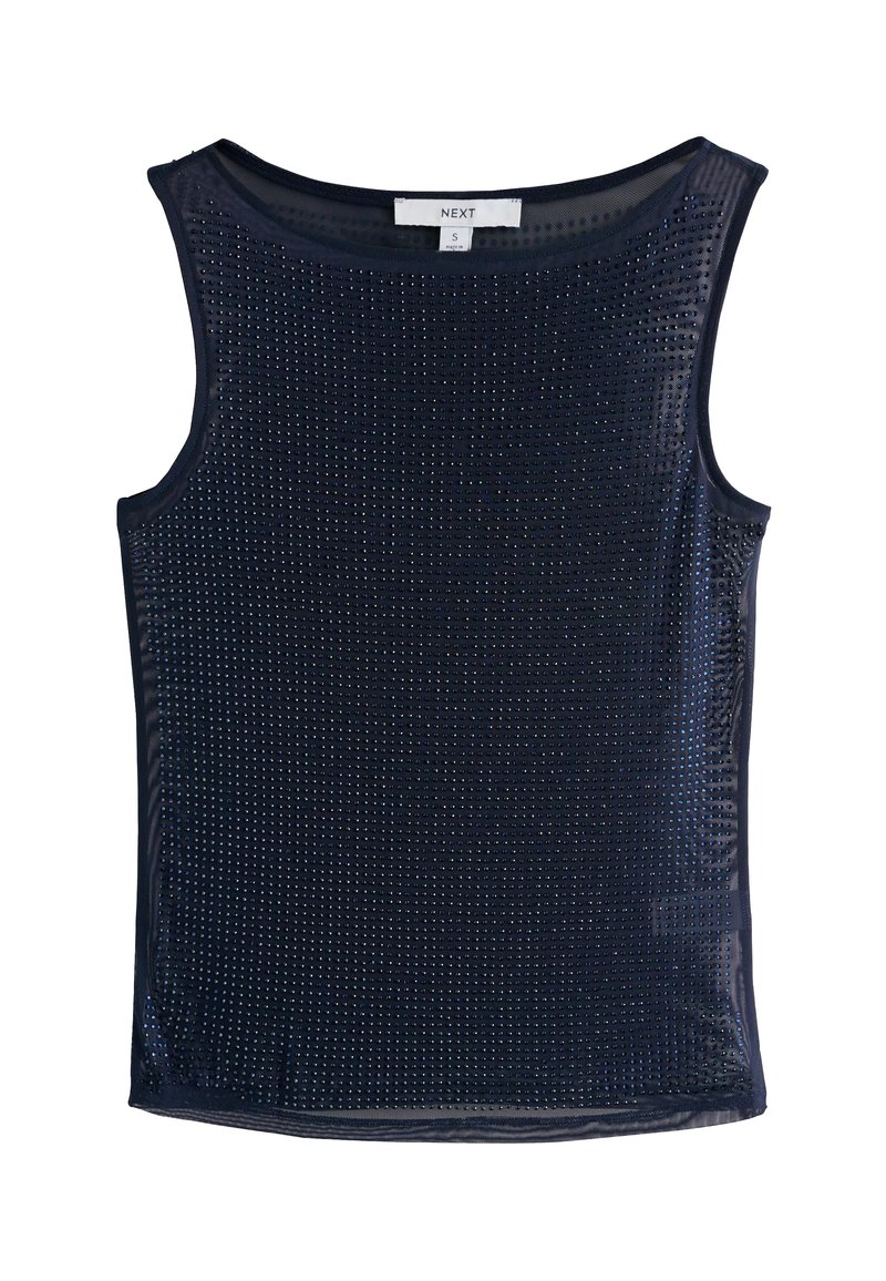 Top sans manches bleu marine au toucher texturé, orné de petites clous décoratifs répartis uniformément. Tissu lisse, coupe régulière.