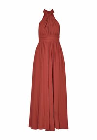 Robe maxi sans manches style licou couleur rouille avec taille froncée et jupe plissée fluide