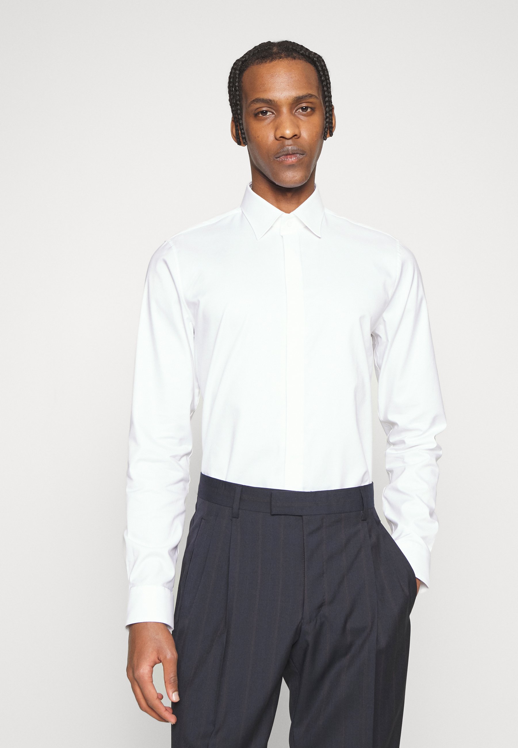 slim fit dress slacks Michael Kors Slim Fit Herringbone Dress Shirt Black / 15.5 32/33