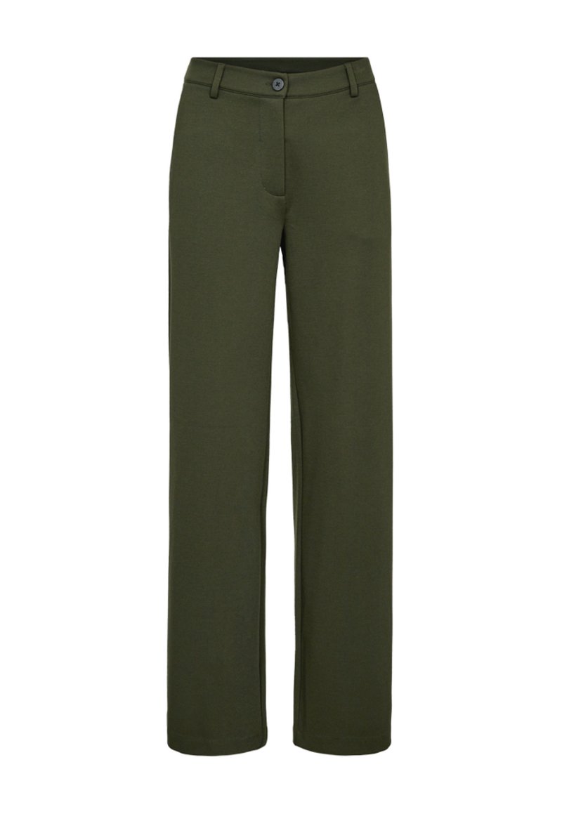Olijfgroene broek met een rechte pijpdesign, gemaakt van een gestructureerde stof. Voorzien van een knoopsluiting en opgestikte zakken.