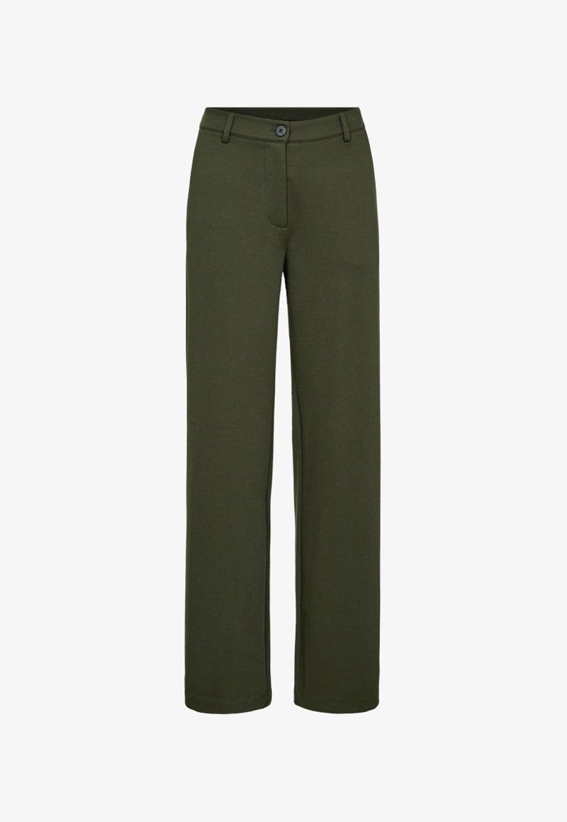 Olijfgroene broek met een rechte pijpdesign, gemaakt van een gestructureerde stof. Voorzien van een knoopsluiting en opgestikte zakken.