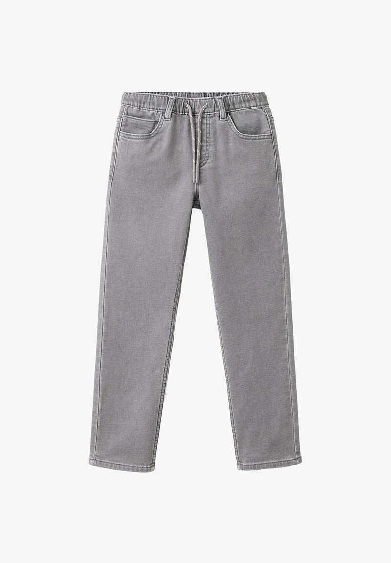 Pantalon en jean gris avec taille élastique et cordon, doté de poches avant et de passants de ceinture, posé à plat sur fond blanc.