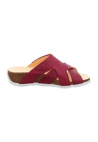 Cranberryfarbene Leder-Sandale mit offenem Zeh, Kreuzband-Design, Korkzwischensohle und strukturiertem weißen Gummilaufsohle.
