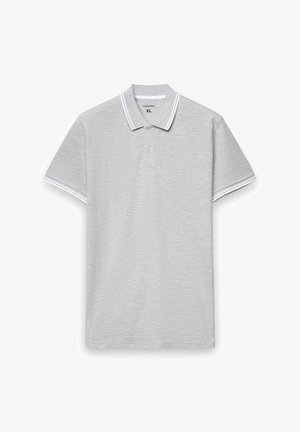 Jasnoszara koszulka polo wykonana z bawełny o fakturze, z plisą na dwa guziki, białą lamówką przy kołnierzyku i krótkimi rękawami. Rozmiar XL.