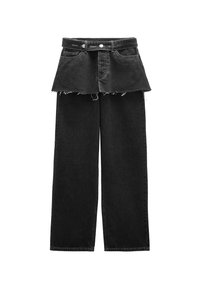 Czarne dżinsy o kroju wide-leg z nakładką nałożoną w warstwach, asymetryczną spódnicą. Posiadają postrzępione wykończenie, a także paski w talii z przednimi kieszeniami.