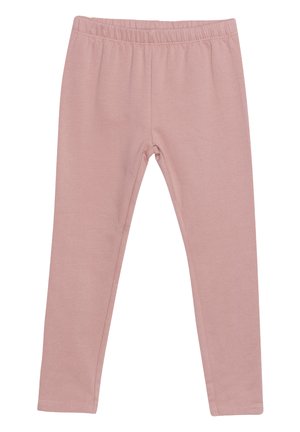 Helle pinke Leggings aus weichem, dehnbarem Stoff, mit einem elastischen Bund und geraden Beinen ohne Muster oder Akzente.