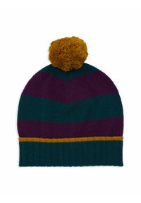 Knit beanie featuring teal, purple, and mustard stripes, topped with a large mustard pom-pom; ribbed bottom edge for texture.