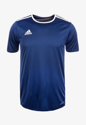 T-shirt de sport Adidas bleu marine à manches courtes avec col rond blanc, trois bandes blanches sur les épaules et logo Adidas sur la poitrine.