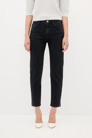 Zwarte denim jeans met een rechte pasvorm, voorzien van een hoge taille, voorzakken en decoratieve kantaccenten aan de zoom.