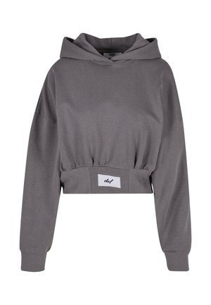 Pelēks īss kapuce izgatavota no mīksta materiāla, ar auklas kapuci, pārāk lielām piedurknēm un ribotu jostu ar mazu etiķeti.