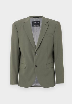 Olive green blazer made of smooth fabric, featuring a single-button closure, notched lapels, and two front pockets. Inner lining is gray.