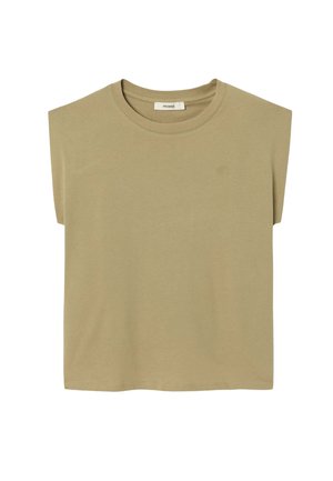 Haut sans manches en coton beige avec encolure ronde et logo brodé subtil sur le côté gauche de la poitrine.