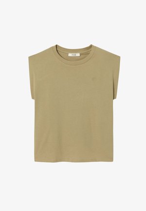 Haut sans manches en coton beige avec encolure ronde et logo brodé subtil sur le côté gauche de la poitrine.