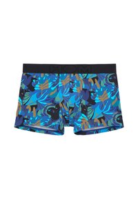 Boxer Shorts in lebhaftem Blau, Grün und braunem Blattmuster. Mit einem schwarzen elastischen Bund mit "HOM"-Logo. Hergestellt aus weichem Stoff.