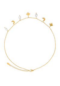 Collier en chaîne dorée avec des charms en forme de lune et d'étoile, entrecoupés de perles blanches. Longueur ajustable, fermé par un fermoir en forme de homard.