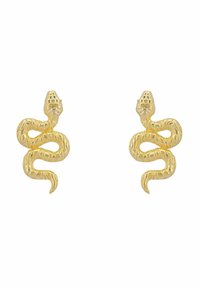 Orecchini d'oro a forma di serpente con squame texturizzate e teste di serpente dettagliate. Ogni orecchino imita la forma e la curvatura di un serpente.