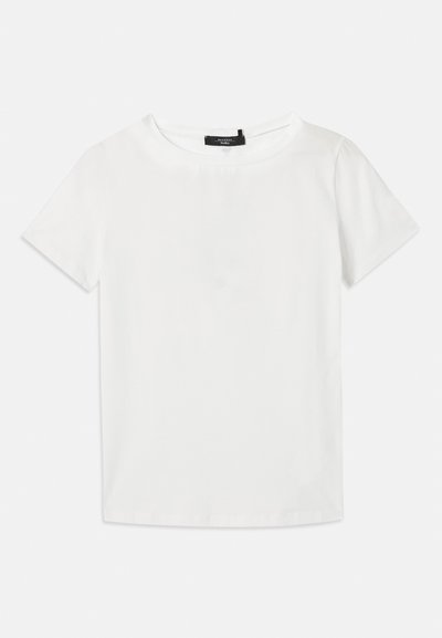 T-shirt bianco a maniche corte realizzato in cotone morbido, con scollatura rotonda e bordo dritto, senza motivi o dettagli visibili.