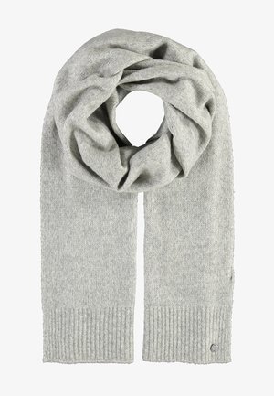 Gray knitted scarf with a soft texture, featuring a ribbed edge and a circular loop design. Subtle branding detail on one end.
