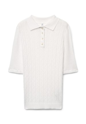 White short-sleeve polo shirt with a textured cable knit design, a flat collar, and a button placket featuring four round buttons.
