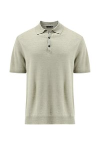 Jasnoszara koszulka polo na krótki rękaw wykonana z miękkiego materiału, z klasycznym kołnierzykiem, zapięciem na trzy guziki oraz ściągaczem u dołu i na brzegach rękawów.