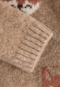 Manica di maglione in lana color tan con polsino a costine; texture morbida; presenta un motivo marrone e crema su uno sfondo beige.