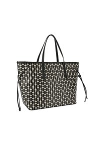 Borsa a tracolla nera con motivo floreale bianco, realizzata in materiale sintetico. Presenta due manici neri e chiusura a coulisse sui lati.