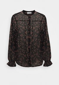 Sort gennemsigtig bluse med et blomsterprint i støvet lyserød. Har lange puffærmer og en knaplukning foran med en rund halsudskæring.
