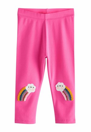 Rosa Leggings mit glatter Textur, versehen mit Wolkenapplikationen und Regenbogenstickerei auf beiden Knien. Elastischer Bund für einen sicheren Sitz.