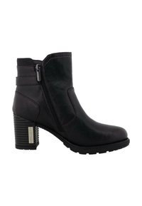 Botines negros de cuero suave con cremallera lateral y tacón de bloque texturizado. Presentan una suela resistente y ligeramente robusta.