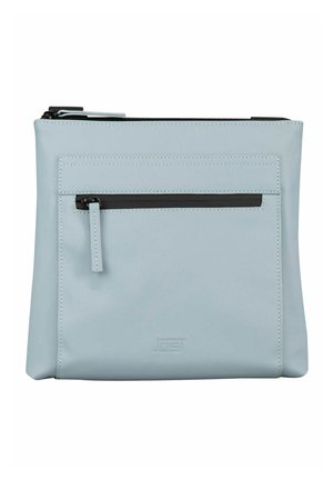 Pochette en cuir bleu clair avec poche zippée à l'avant et fermeture éclair noire, forme rectangulaire, design simple et minimaliste.