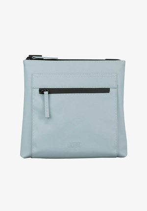 Pochette en cuir bleu clair avec poche zippée à l'avant et fermeture éclair noire, forme rectangulaire, design simple et minimaliste.