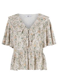 Kurzärmlige beige Bluse mit grünem und gelbem Blumenmuster, Rüschenausschnitt, Perlenknöpfen und einem ausgestellten Taillenbund.