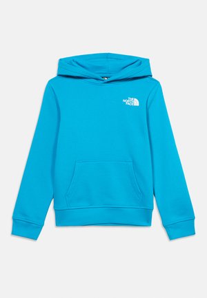 Svijetloplava majica s kapuljačom, prednji džep i mali bijeli logo "The North Face" na lijevoj strani prsa.