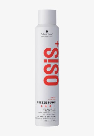 White cylindrical aerosol can with a silver cap. Features bold red text, labeling it as "Osis+ Freeze Pump" for strong hold, 200 mL.