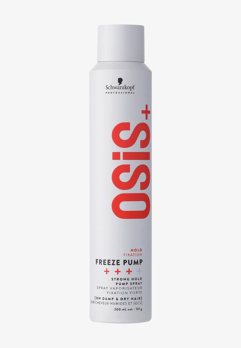 Weißer, zylindrischer Aerosoldose mit silberner Kappe. Prägt sich durch fettgedruckten roten Text aus, der sie als "Osis+ Freeze Pump" für starken Halt, 200 ml, kennzeichnet.