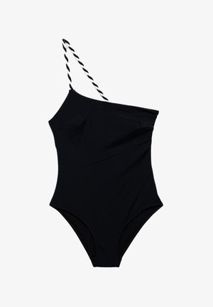 Maillot de bain noir une pièce avec une coupe asymétrique, présentant un design de bretelle torsadée. Texture lisse et silhouette ajustée.