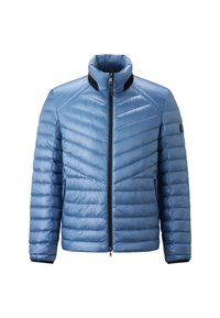 Light blue puffer jacket with a high collar, diagonal quilted pattern, zip closure, and elastic cuffs. Features side pockets and logo accent.