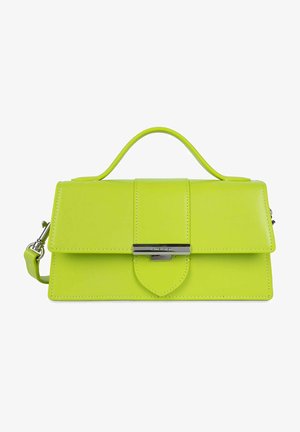 Sac à main en cuir néon vert avec une forme structurée, doté d'une poignée supérieure, d'un rabat plat à l'avant et de finitions en métal argenté.