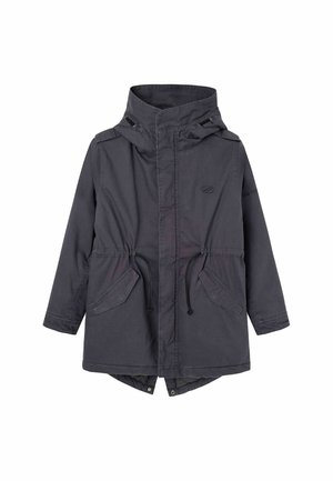 Parka con capucha de color gris oscuro con cremallera frontal y botones a presión, cordones ajustables en la cintura y bolsillos con solapa a ambos lados.