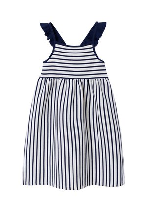 Striped navy and white sleeveless dress with ruffled shoulder straps, fitted bodice with horizontal stripes, and gathered vertical striped skirt.