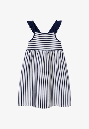 Striped navy and white sleeveless dress with ruffled shoulder straps, fitted bodice with horizontal stripes, and gathered vertical striped skirt.