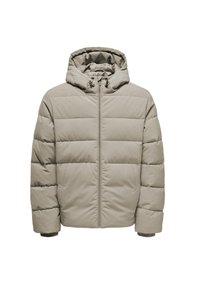 Beige prisjakke med frontlynlås, hætte og quiltet tekstur. Har elastiske manchetter og justerbare snore for pasform.