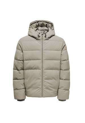 Beige prisjakke med frontlynlås, hætte og quiltet tekstur. Har elastiske manchetter og justerbare snore for pasform.
