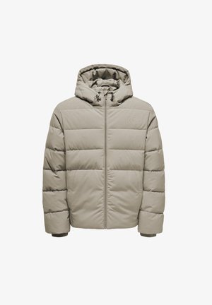 Beige puffer jacket with a front zipper, hood, and quilted texture. Features elastic cuffs and drawstring adjustments for fit.