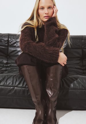 Pruun, kohev kampsun, tumedad püksid ja läikivad pruunid, põlvekõrgused nahasaapad. Istub tekstuurse musta nahadiivani peal.